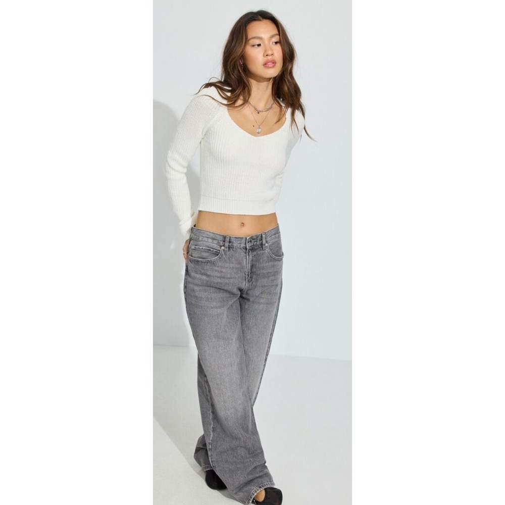 Garage‎ Cream Cropped Knit Sweater Long Sleeve Scoop Neck Ribbed Top - Picture 2 of 14